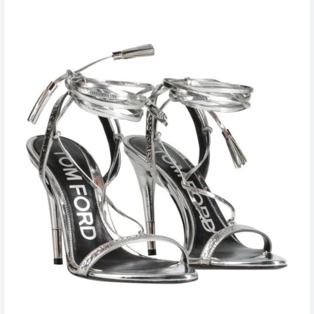 Pre- owned Tom Ford Metallic Silver Tassel Wrap Around  Ankle Sandal , EU38